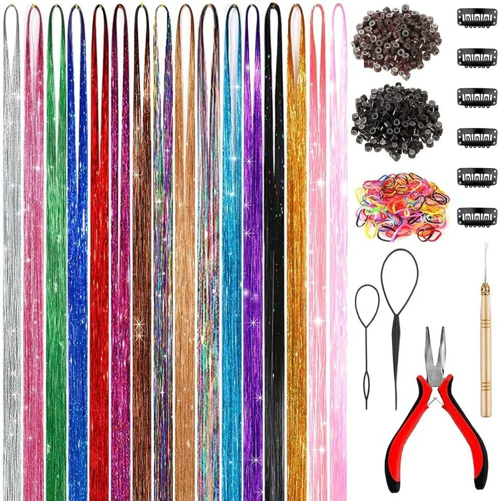 48 Inch Glitter Hair Tinsel Extensions Kit 16 Colors, 4800 Strands With Tools -